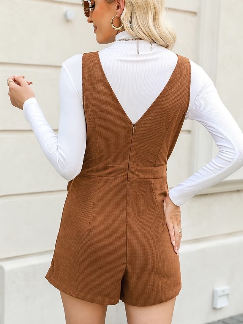 CUPSHE Brown Corduroy Wrap Romper Dress with Tie Waist Size Medium NWOT - Picture 2 of 9